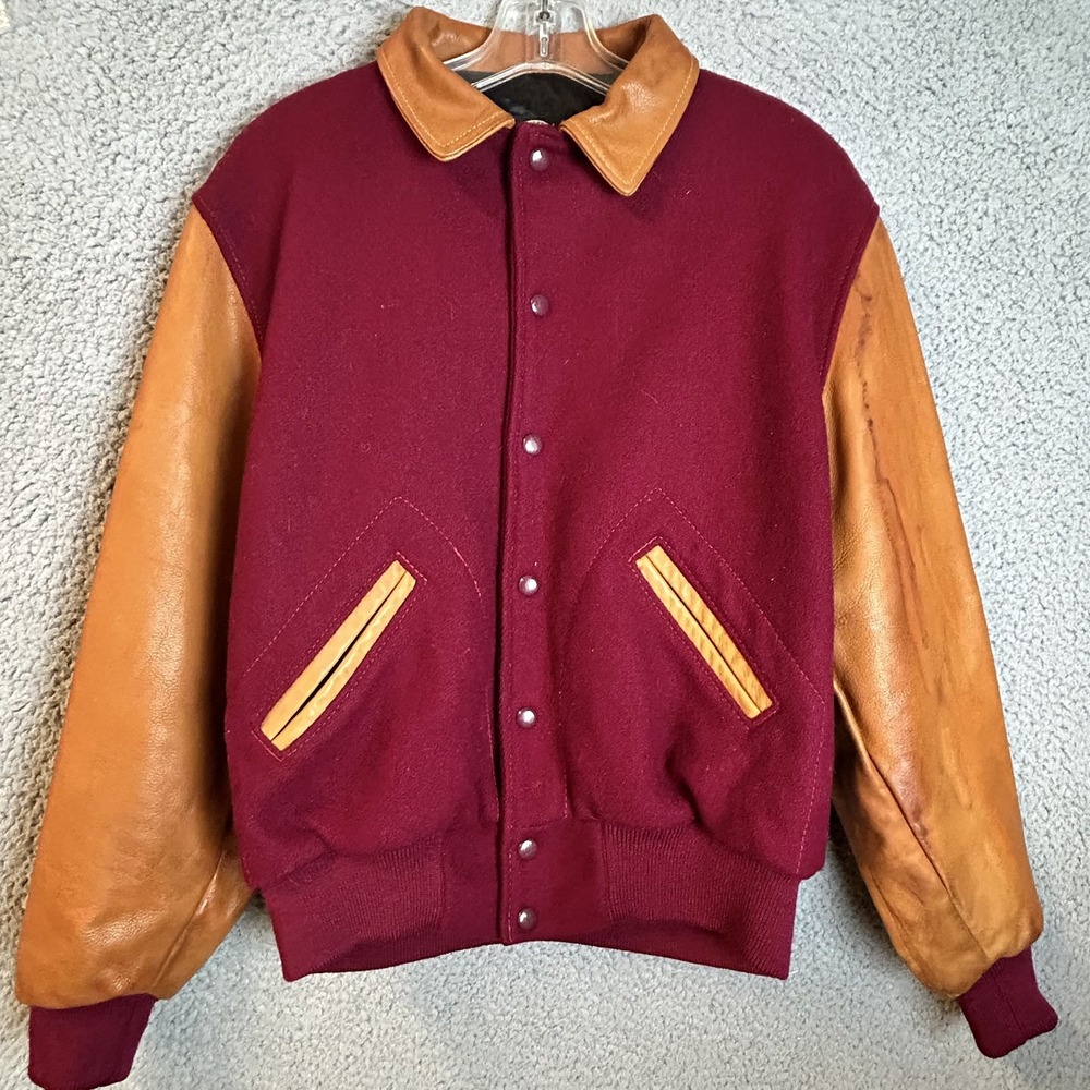 Vintage Dehen 1920 Wool Varsity Jacket - Size Small - Red Brown Leather  RARE